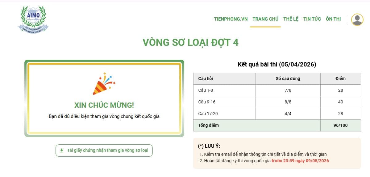 Công bố điểm và thí sinh đủ điều kiện vào Vòng Chung kết Quốc gia – Đợt 2 & 3