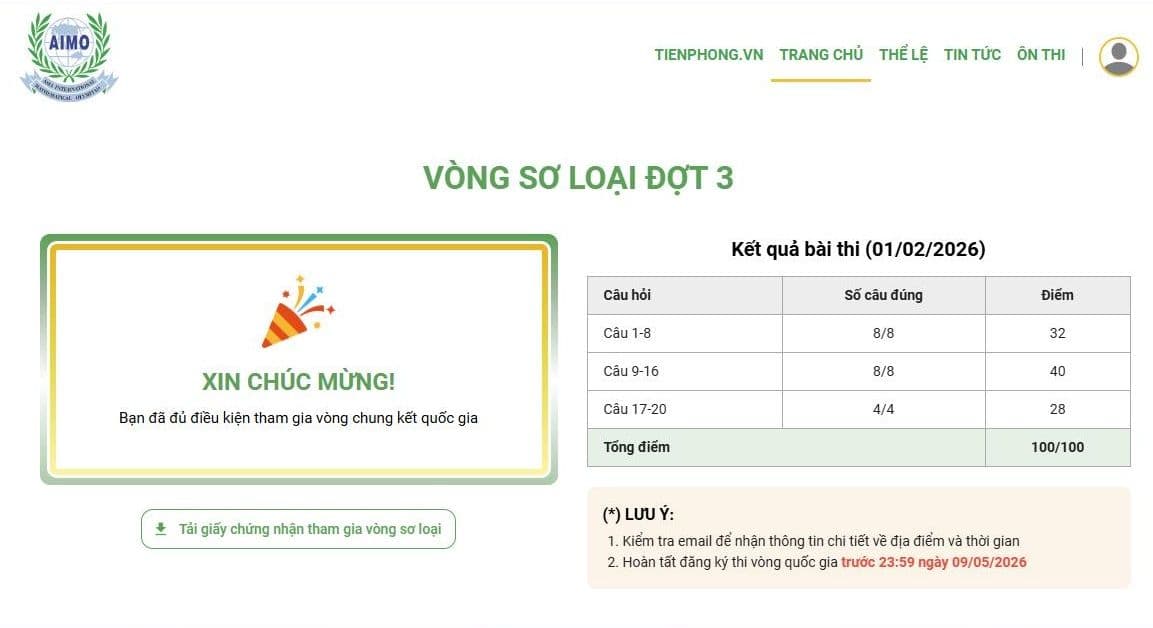 Công bố thí sinh đủ điều kiện vào Vòng Chung kết Quốc gia  – Đợt 1 và hướng dẫn tải Giấy chứng nhận